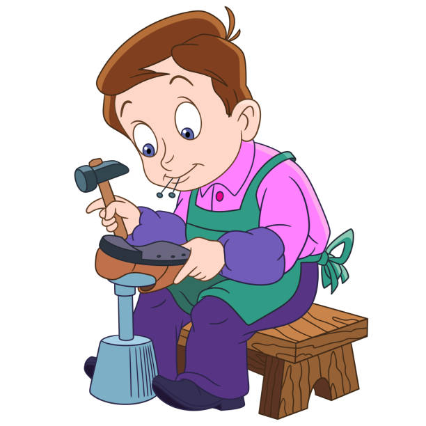 Cartoon shoemaker. Cobbler working. Cartoon shoemaker, isolated on white background. Colorful book page design for kids. shoemaker stock illustrations