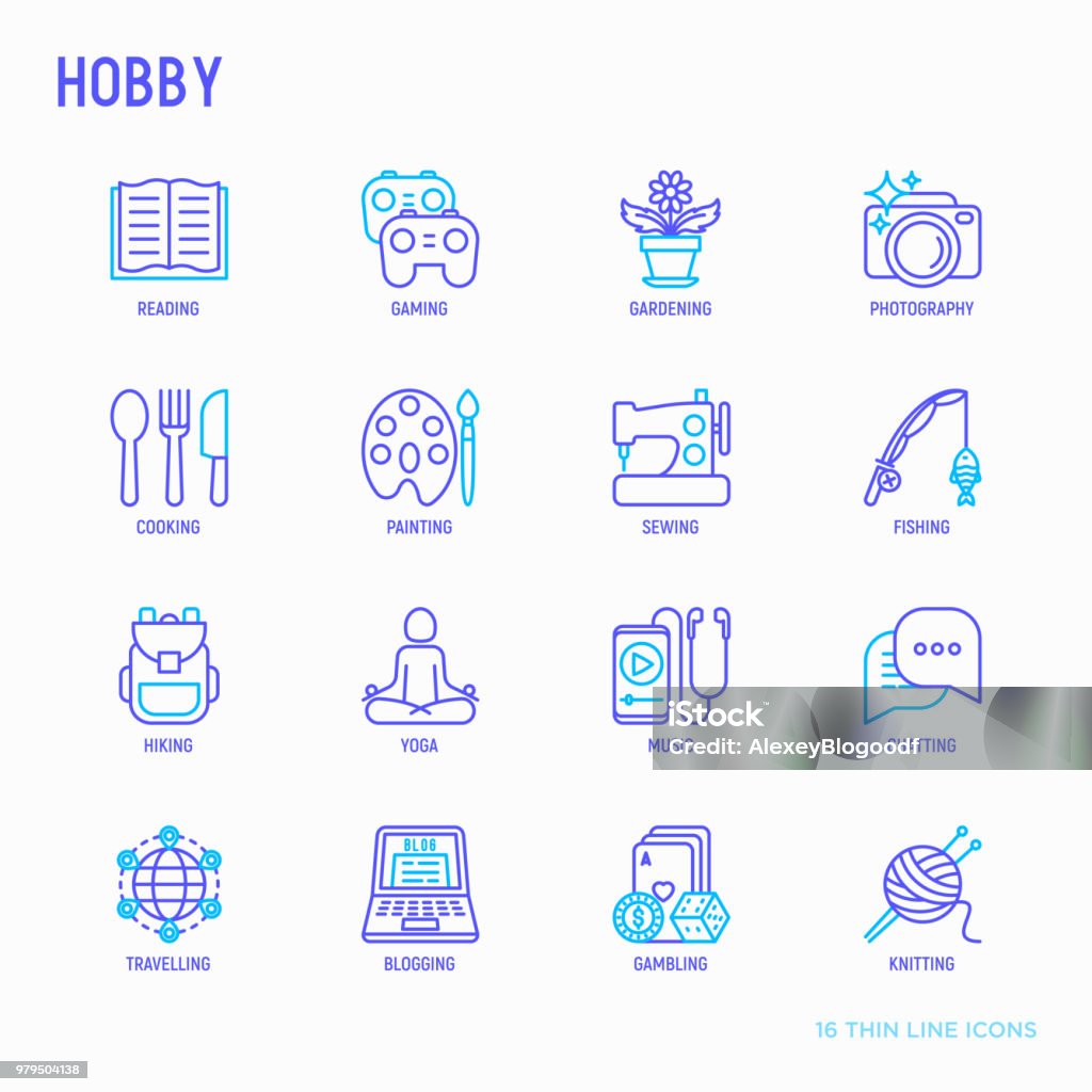 Hobby thin line icons set: reading, gaming, gardening, photography, cooking, sewing, fishing, hiking, yoga, music, travelling, blogging, knitting. Modern vector illustration. Hobbies stock vector