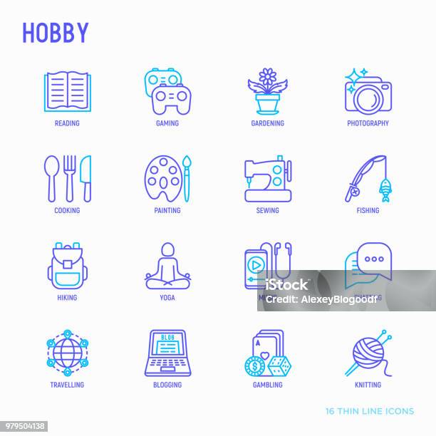 Hobby Thin Line Icons Set Reading Gaming Gardening Photography Cooking Sewing Fishing Hiking Yoga Music Travelling Blogging Knitting Modern Vector Illustration Stock Illustration - Download Image Now