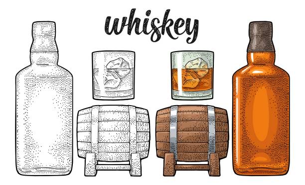 Whiskey glass with ice cubes, barrel, bottle Whiskey glass with ice cubes, barrel, bottle. Vector vintage engraving color illustration for label, poster, invitation to a party. Isolated on white background. Hand drawn design element. bourbon barrel stock illustrations