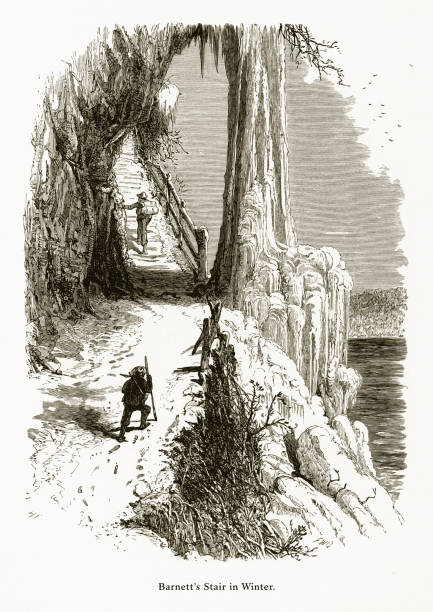 Very Rare, Beautifully Illustrated Antique Engraving of Barnett’s Stair in Winter, Niagara Falls, New York, Niagara Falls, Ontario, American Victorian Engraving, 1872. Source: Original edition from my own archives. Copyright has expired on this artwork. Digitally restored.