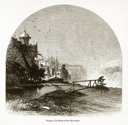 Very Rare, Beautifully Illustrated Antique Engraving of Brink of the Horseshoe, Niagara Falls, New York, Niagara Falls, Ontario, American Victorian Engraving, 1872. Source: Original edition from my own archives. Copyright has expired on this artwork. Digitally restored.