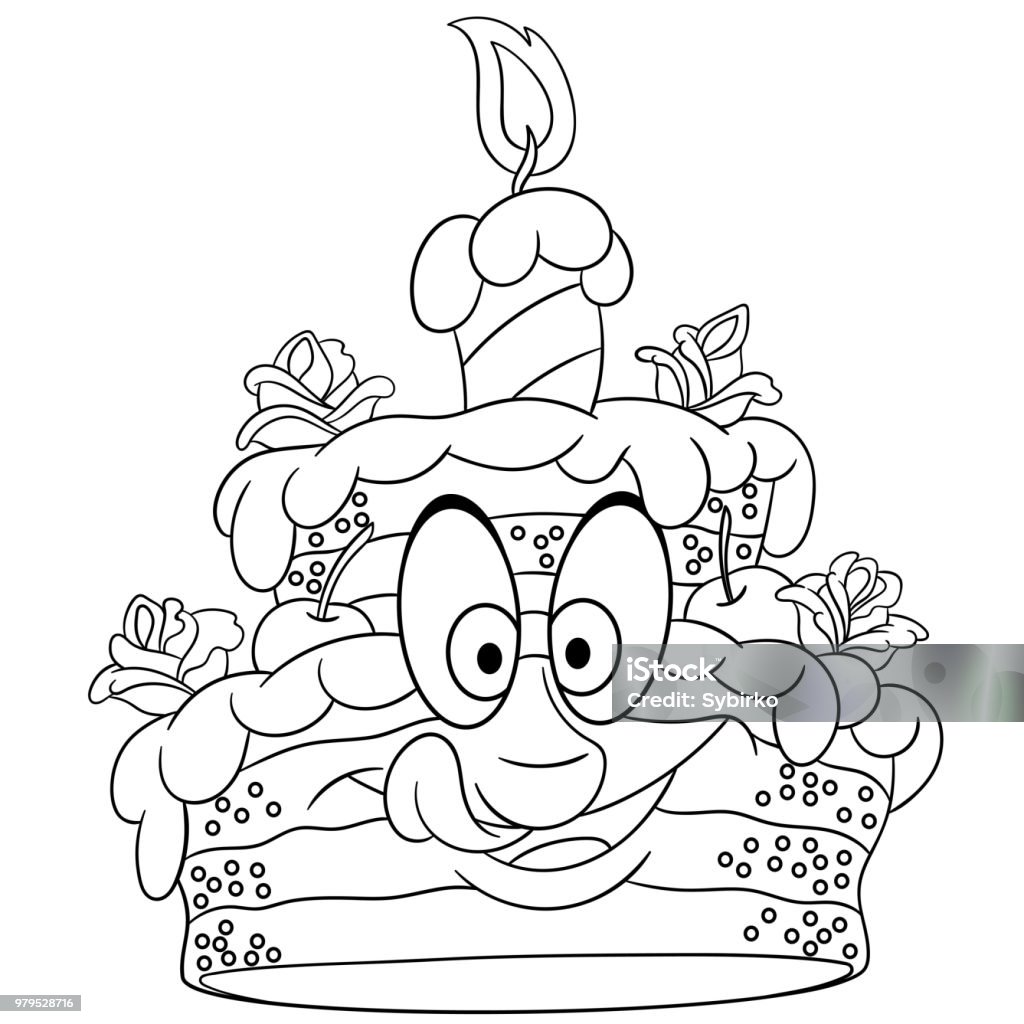 Birthday cake with a candle Coloring page of birthday cake with a candle. Coloring book design for kids. Cake stock vector