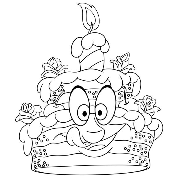 Birthday cake with a candle Coloring page of birthday cake with a candle. Coloring book design for kids. drawing of a happy birthday smiley emoticon stock illustrations