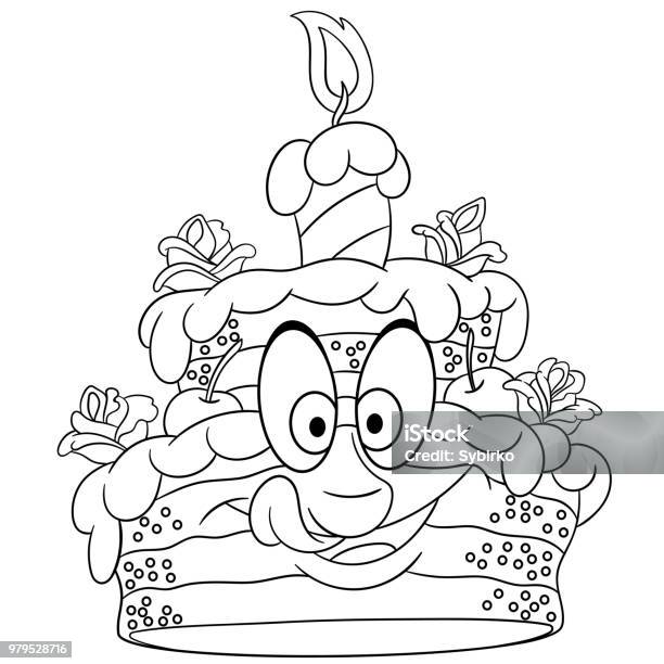 Birthday Cake With A Candle Stock Illustration - Download Image Now - Cake, Coloring Book Page - Illlustration Technique, Bakery