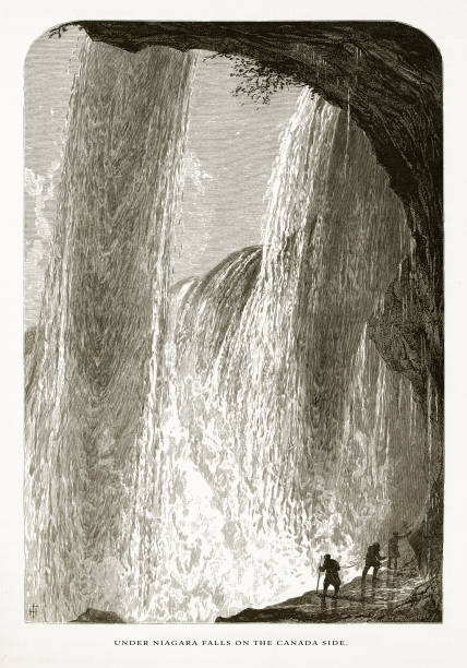 illustrazioni stock, clip art, cartoni animati e icone di tendenza di under the falls on the canada side, cascate del niagara, new york, cascate del niagara, ontario, incisione vittoriana americana, 1872 - bridal veil falls niagara