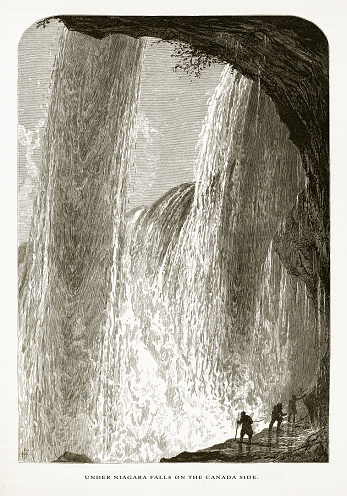 Very Rare, Beautifully Illustrated Antique Engraving of Under the Falls on the Canada Side, Niagara Falls, New York, Niagara Falls, Ontario, American Victorian Engraving, 1872. Source: Original edition from my own archives. Copyright has expired on this artwork. Digitally restored.