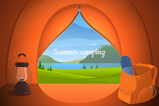 View from the tourist tent vector illustration. Camping in nature. Mountain and lake view. Backpack with thermos and lamp. Tourism background for your design. Eps 10