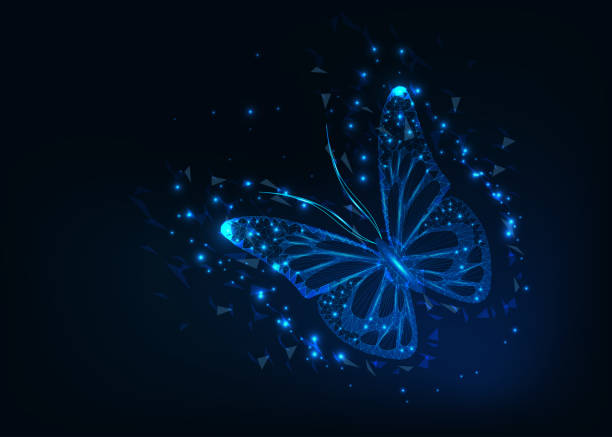 istock Bright and beautiful flying butterfly monarch made of lines, dots, triangles and stars. 979546352