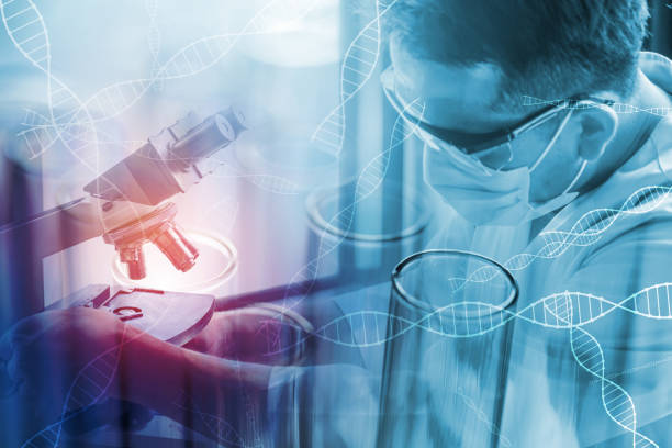 Medicine doctor holding pink helix DNA structure on 3d illustration  hologram modern virtual screen interface. Science, Medical technology and futuristic concept.