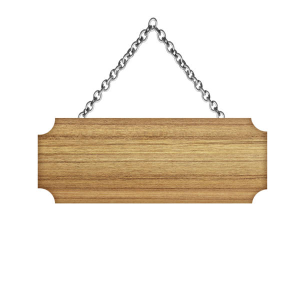 istock Wooden sign hanging on a chain isolated on white  background 979555674