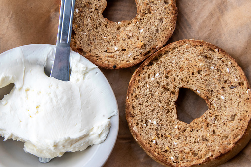 Multigrain Bagel and cream cheese from above