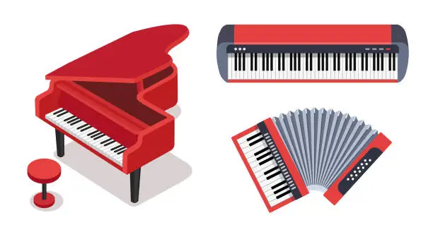 Vector illustration of Keyboard musical instruments vector set. Classical piano with stool, electric piano, accordion isolated on white background.