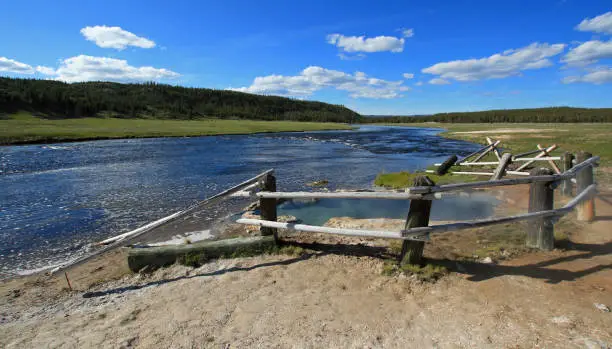 Maidens Grave Hot Spring flowing into the Firehole River in Yellowstone National Park in Wyoming United States