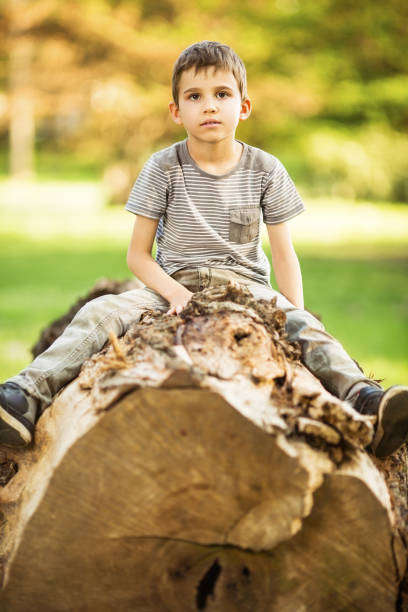 istock Young boy sitting on a tree log in park 979567550