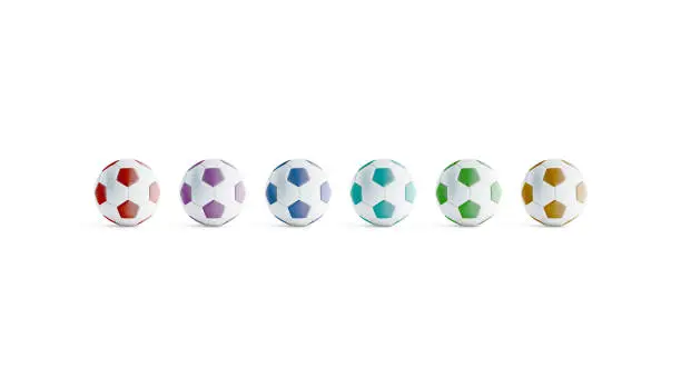 Blank colored soccer ball mock ups, front view, 3d rendering. Empty colours football mockup, isolated. Clear colorful ball for playing on the field template