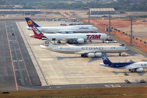 Sao Paulo: Aerial view of Guarulhos airport in Sao Paulo. The airport served 39.5 million passengers in 2014.