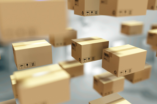 Cardboard Package and Label,3d cardboard boxes float in the air,The concept of express logistics.