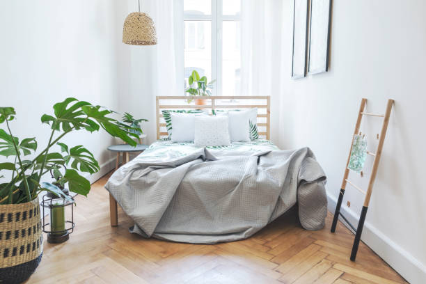 istock Stylish and modern scandinavian sunny bedroom with plants , floral pattern bedding and pilows. Space with white walls and brown wooden parquet. 979585134