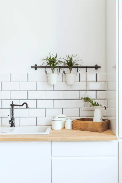 istock Modern and design scandinavian kitchen with plants and accessories . Sunny and bright space with white brick wall. 979585422