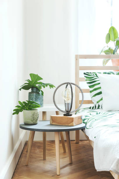istock Modern and stylish bedroom with plants, design lamp and floral pattern bedding. Bright and sunny space with wooden parquet and white walls. 979585480