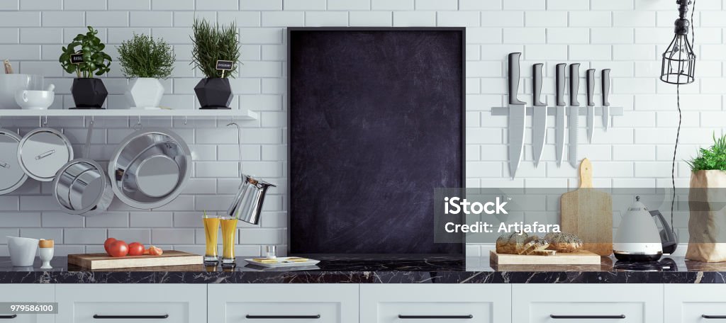 Mock up chalkboard in kitchen interior, Scandinavian style, panoramic background Mock up chalkboard in kitchen interior, Scandinavian style, panoramic background, 3d render Kitchen Stock Photo