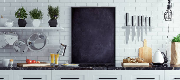 Mock up chalkboard in kitchen interior, Scandinavian style, panoramic background Mock up chalkboard in kitchen interior, Scandinavian style, panoramic background, 3d render kitchenware shop stock pictures, royalty-free photos & images