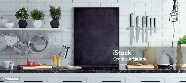 Mock Up Chalkboard In Kitchen Interior Scandinavian Style Panoramic Background Stock Photo - Download Image Now