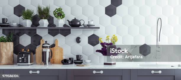 Panoramic Modern Kitchen Interior Background Stock Photo - Download Image Now - Kitchen, Tile, Luxury