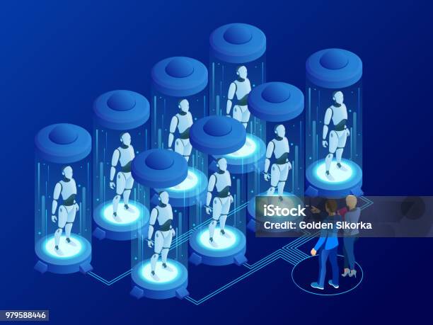 Isometric Artificial Intelligence In Robots Technology And Engineering Scientists Engineer Designs Brain Settings Artificial Intelligence Humanoid Robot Program Cybernetic Brain Concept Stock Illustration - Download Image Now