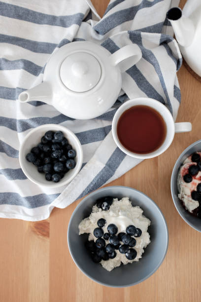 Healthy breakfast with cottage cheese and blueberries
