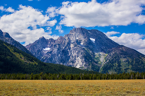 Big cloudy sky sits over snow speckled mountain in the Grand Tetons with golden field in the foreground.