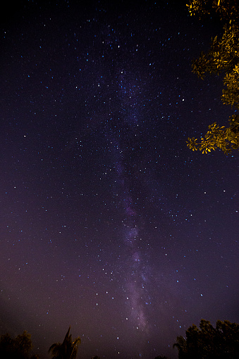 The milky way and other stars at night in a gradient purple sky.