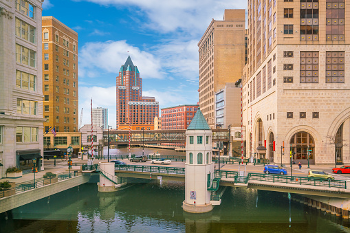 Downtown skyline with Buildings in Milwaukee at twilight, in Wisconsin USA