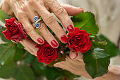 Old womans hand on red rose.