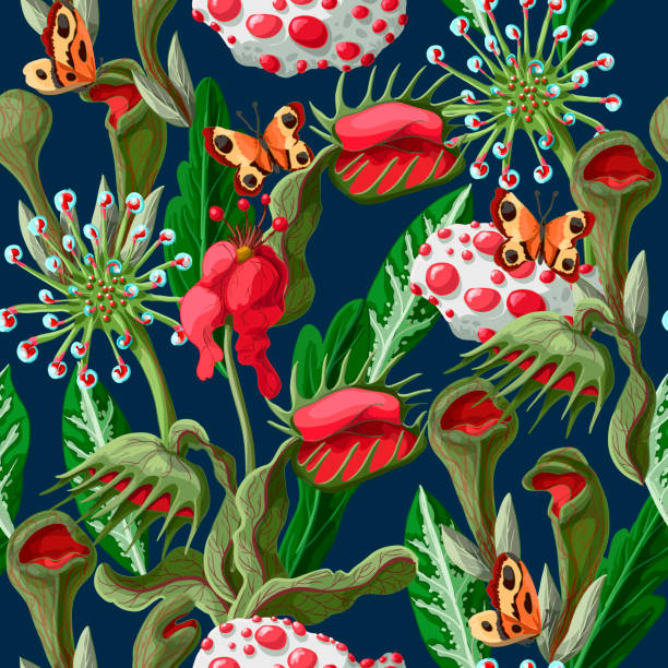 Seamless pattern with plant predators such as Venus flycatcher, sundew and others. Unique flowers botanical illustration. Seamless pattern with plant predators such as Venus flycatcher, sundew and others. carnivorous stock illustrations
