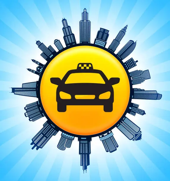 Vector illustration of Taxi Sign Black and White Cityscape Skyline Background