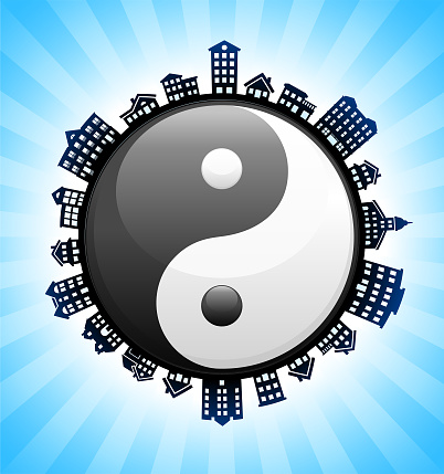 Yin-Yang Sign on Rural Cityscape Skyline Background. The main object in this illustration is depicted inside a circle in the center of the composition, there is a rural street cityscape design going around the circle to indicate the suburban setting of the image. The buildings include a variety of houses and suburban architectural structures. This image is ideal for real estate and  life concepts.