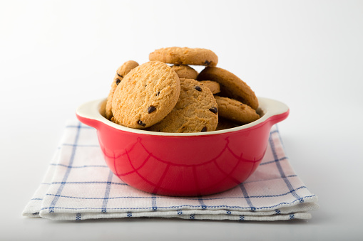 cookies in a red bowl.