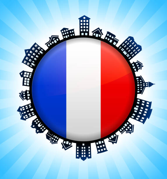 French Flag on Rural Cityscape Skyline Background French Flag on Rural Cityscape Skyline Background. The main object in this illustration is depicted inside a circle in the center of the composition, there is a rural street cityscape design going around the circle to indicate the suburban setting of the image. The buildings include a variety of houses and suburban architectural structures. This image is ideal for real estate and  life concepts. france village blue sky stock illustrations