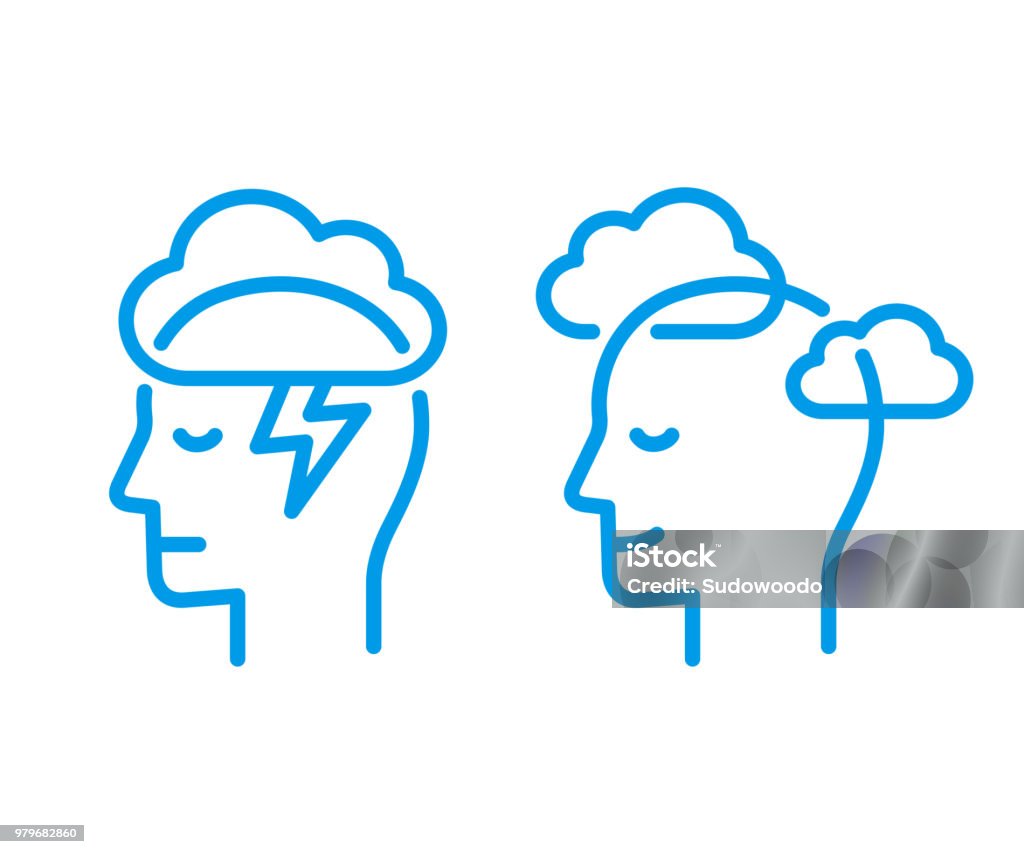 Head icon with cloud Head profile with storm cloud and clear sky. Mindfulness and stress management in psychology, vector illustration. Simple and modern line icon. Icon Symbol stock vector