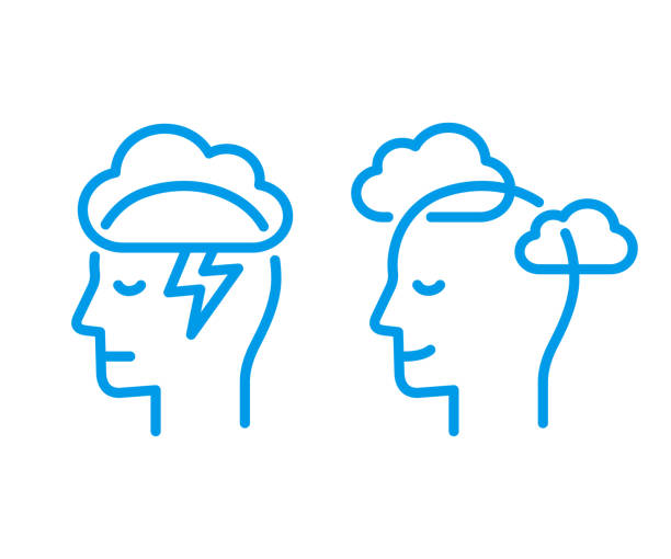 Head icon with cloud Head profile with storm cloud and clear sky. Mindfulness and stress management in psychology, vector illustration. Simple and modern line icon. mental wellbeing stock illustrations