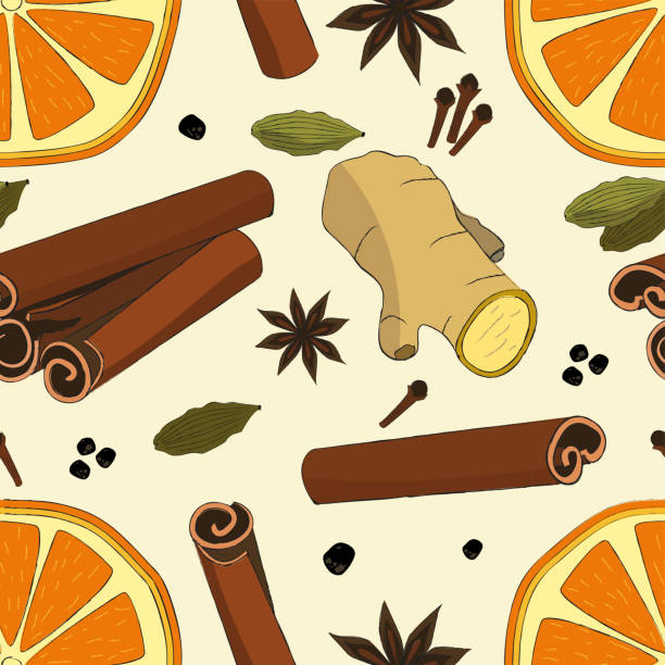 illustrazioni stock, clip art, cartoni animati e icone di tendenza di motivo senza cuciture con arancia secca, zenzero, cardamomo, chiodi di garofano, cannella e anice. motivo con spezie per la decorazione natalizia. motivo per decorazione carta regalo, invito, carte - cinnamon ginger spice cardamom