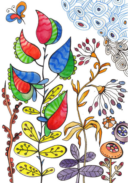 illustrations, cliparts, dessins animés et icônes de illustration aquarelle, collection de plantes, stylisés feuilles - abstract illustration and painting backdrop blossom