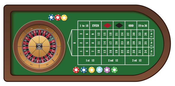Roulette game table with colorful chips for online casino, vector