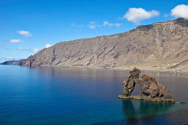 Roque de la Bonanza is an amazing rock formation emerging from the ocean to the height of 15 metres and is the symbol of the island. With a little bit of imagination, you can see the fight between a bear and a lion. Las Playas, El Hierro, Canary Islands, Spain. Canon EOS 5D Mark II