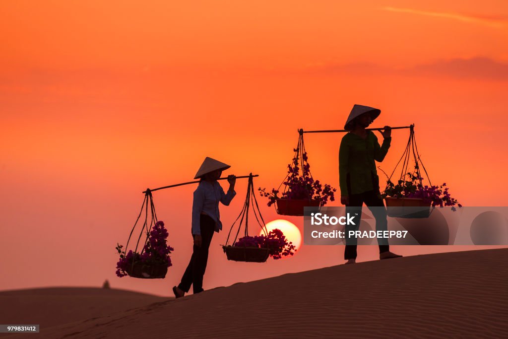 Woman carrying flower basket at sunset in Mui Ne sand dune, Vietnam Mui Ne Bay Stock Photo