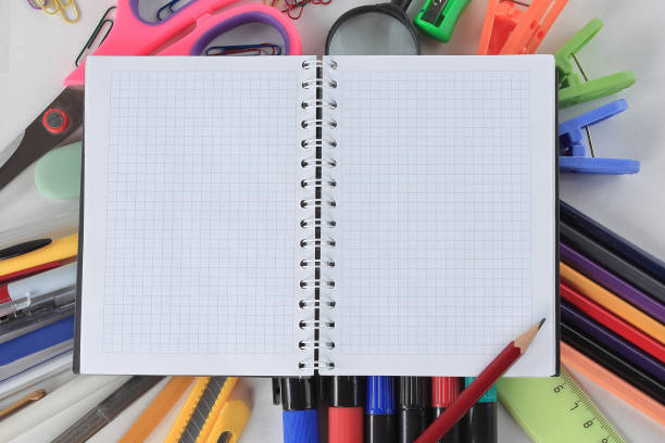 istock opened Notepad on office supplies on white background 979856358