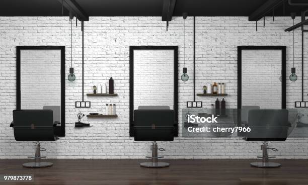 Hair Salon Interior Modern Style 3d Illustration Beauty Salon White Brick Wall Stock Photo - Download Image Now