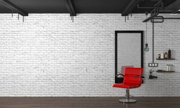 Photo of hair salon interior modern style 3d illustration beauty salon red chair,white brick wall
